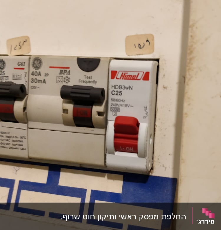 מפסקי חשמל בלוח חשמל עם תוויות בעברית